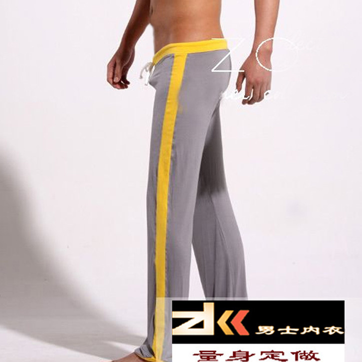 New Fashion Men Sports Pants Home Sport Long Pants Grey Parquet Yellow Strips Tailored