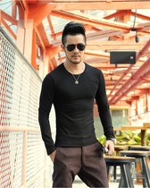 Spring wear new men slim round neck long sleeve cotton T-shirt base shirt mens tight low collar autumn clothing custom
