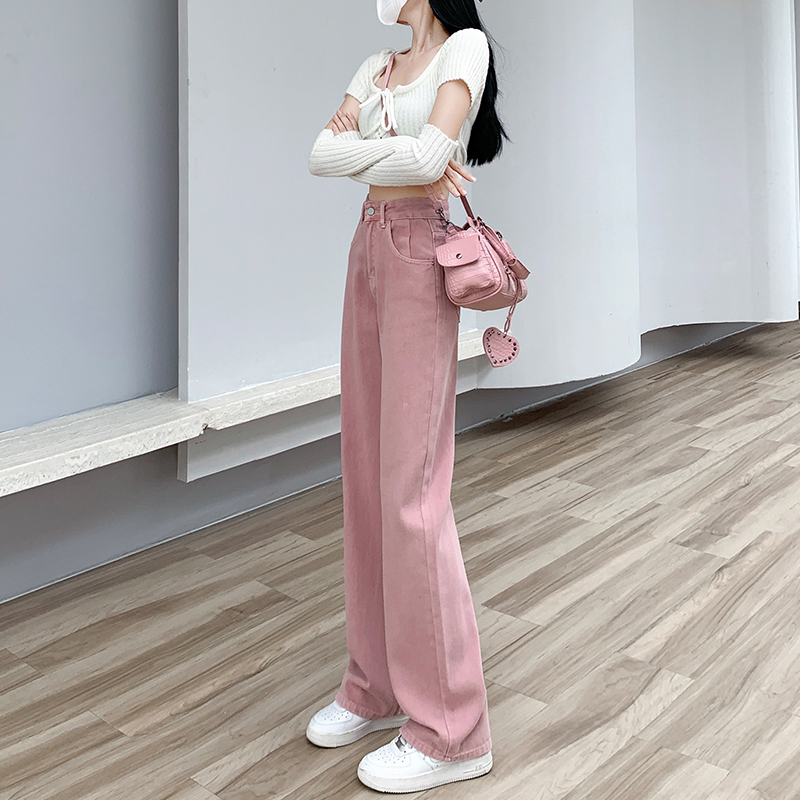 Dirty Pink Wide-Leg Jeans for Women, 2026 Spring New Style, Straight-Leg, Loose, Floor-Length, Popular Women's Pants