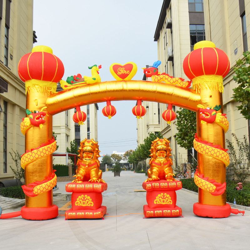 New golden panlong opening inflatable arch double dragon 6 meters 8 meters celebration celebration lantern column air model rainbow door