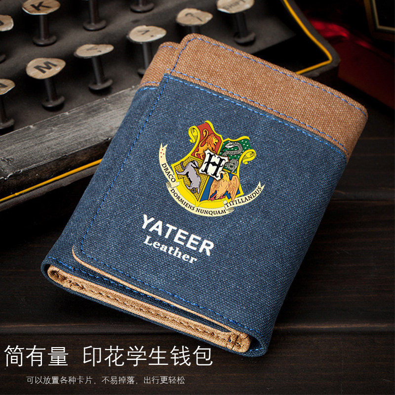 Harry Potter Cartoon Wallet Men's Short Jean Canvas Thin, Japan-ROK Youth Piccard Multi-Clamping Student Use
