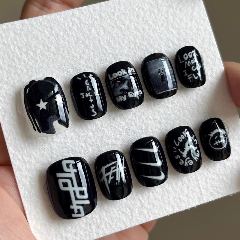 【Travis】Rapstar Series/Original Design Short Nails/ ins Niche Cool and Handsome Handmade Wearable Nails