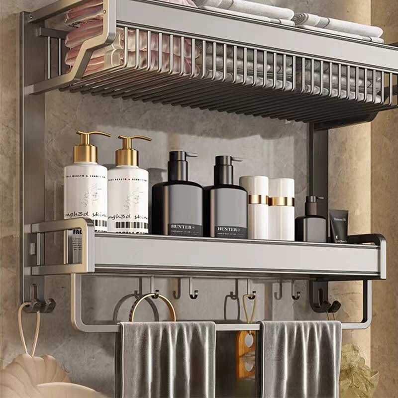Towel Rack Bathroom Storage Rack Integrated No-Drill Wall-Mounted Bathroom Toilet Bathroom Set Space Aluminum Towel Rack