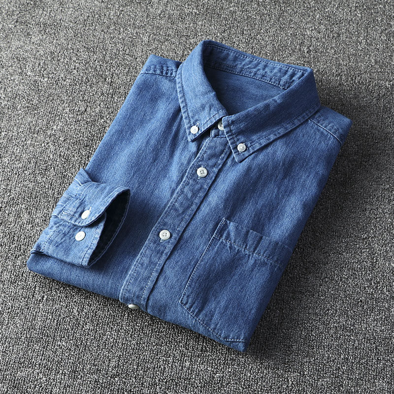 Denim Shirt Foreign Trade Men's Spring New Turn-collar Denim Shirt Pure Cotton Washed Long Sleeve Shirt Shirt Man