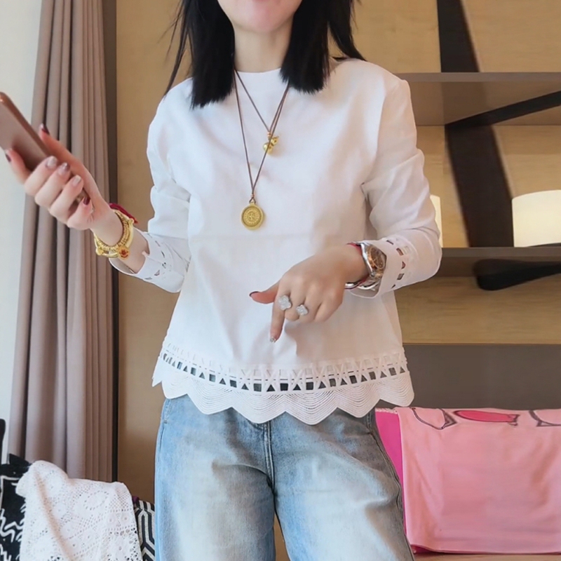 Hollow Lace White Pure Cotton Long-Sleeved T-Shirt for Women 2026 Spring New Large Size Plus-Size Slimming Versatile Top