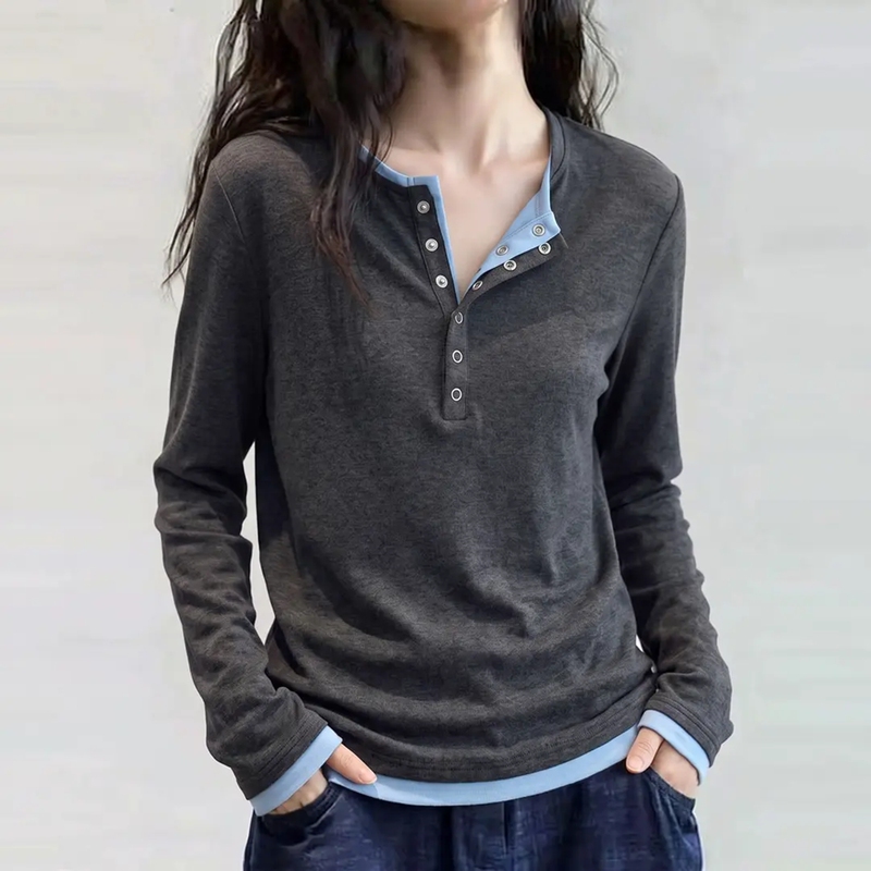 Korean Style Fake Two-Piece Color-Block Long-Sleeve T-Shirt for Women, Autumn 2026 New Plus-Size Half-Open Collar Base Shirt Top
