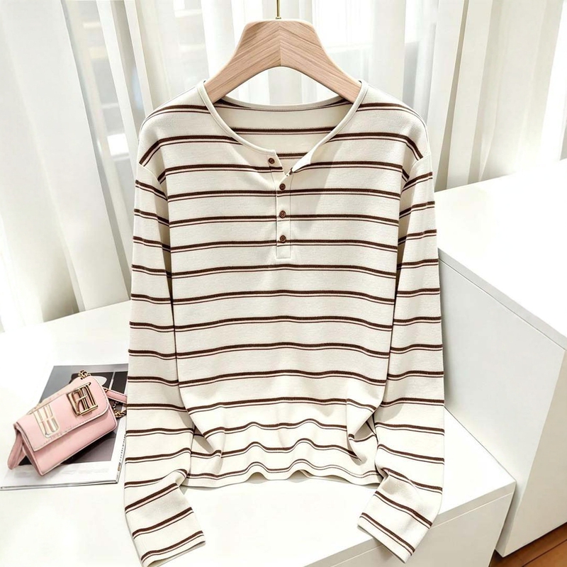 Henry Collar Striped Long-Sleeve T-Shirt 2026 Autumn Plus Size Slimming Loose Inner Layering Top