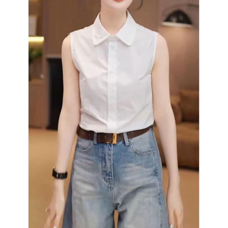 White Collared Shirt, Sleeveless Vest, Base Layer Top for Women, New Spring/Summer Style, Plus Size, Layering, Casual, Versatile Top