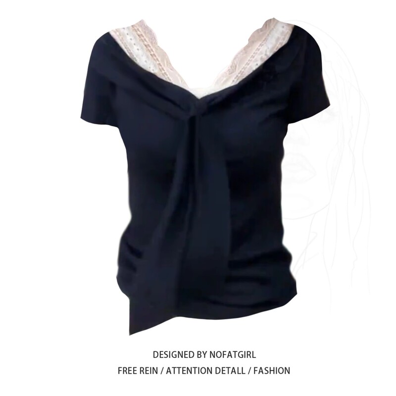 Plus Size Fat Girl Summer Pure Cotton Blue and White V-Neck Lace Splicing Bow Tie Design Shoulder-Length Short-Sleeved T-Shirt for Women
