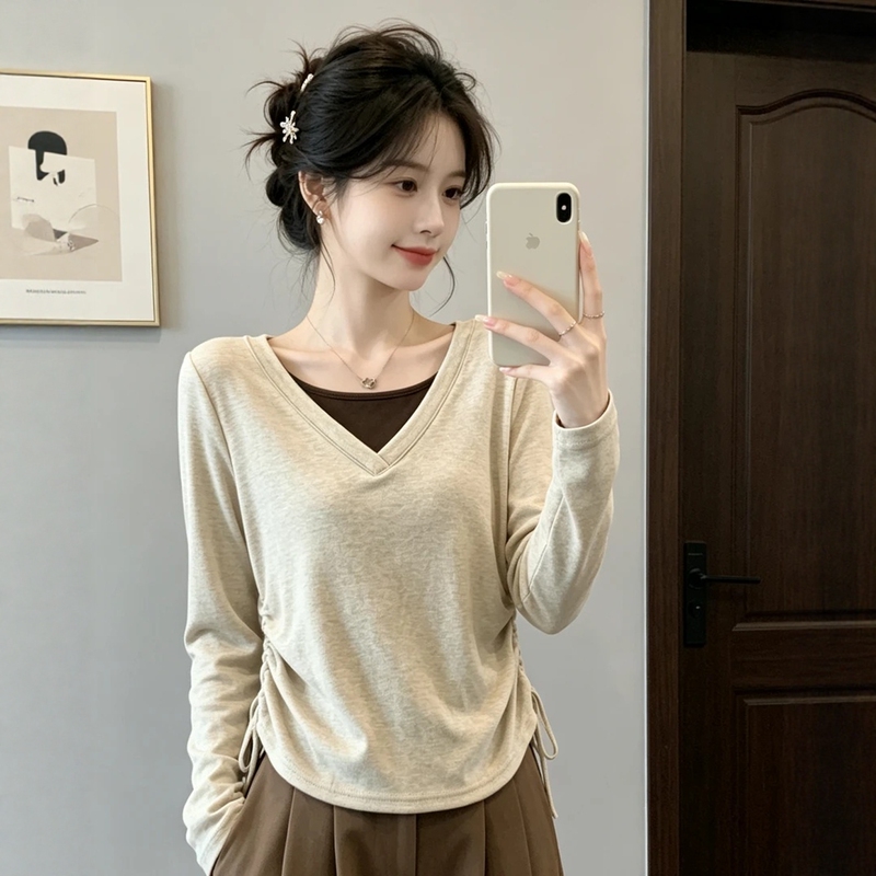 Korean Style Fake Two-Piece V-Neck Long-Sleeve T-Shirt for Women 2026 Autumn New Plus Size Fat mm Waist-Cinching Drawstring Base Shirt Top