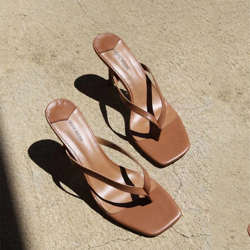 2025 Genuine Leather Flip-Flops, Thong Sandals, Thin Heel, Square Toe, Versatile for Outdoor Wear, Summer High-Heeled Sandals for Women