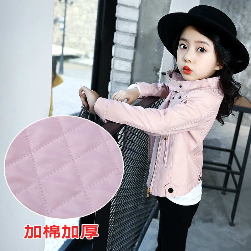Girls pink leather jacket autumn and winter clothes 8 little girls 12 years old 3 students big boys 9 plus cotton thick leather jacket red and black