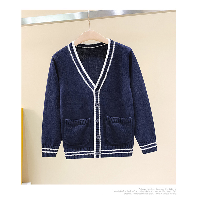 Children's cotton cardigan sweater dark blue spring and autumn long-sleeved primary school uniforms boys and girls V-neck sweaters trendy