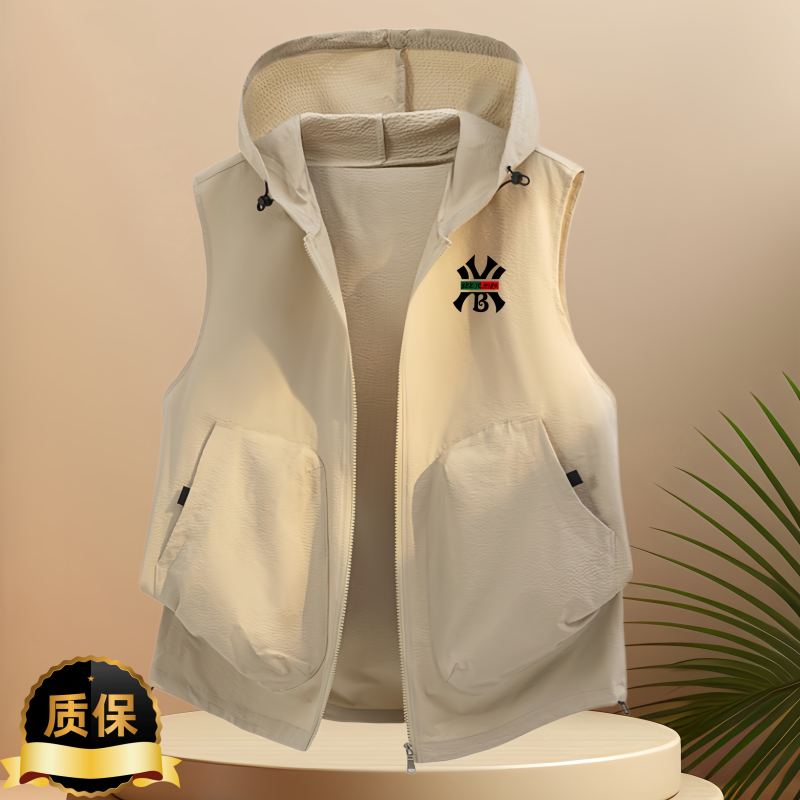 High-End Trendy Outdoor Hooded Vest, Thin Style for Men, New Summer Model, Breathable, Versatile, Casual Sleeveless Vest