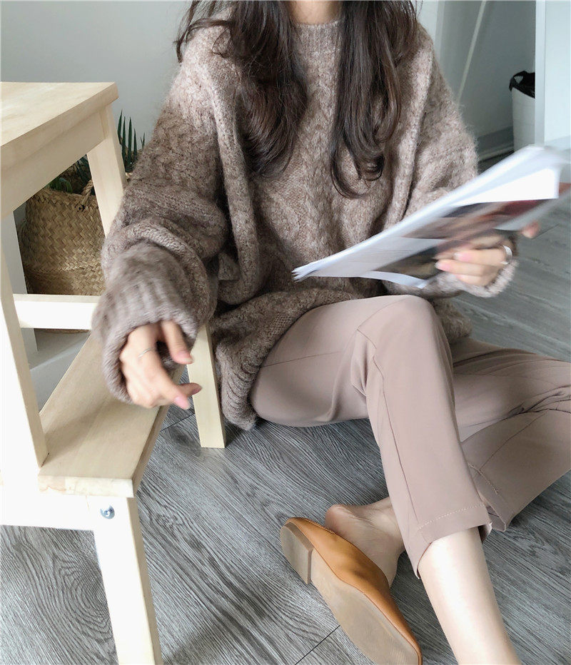 Mohair twist sweater women's autumn and winter outerwear loose lazy style round neck pullover mid-length knitted top thickened