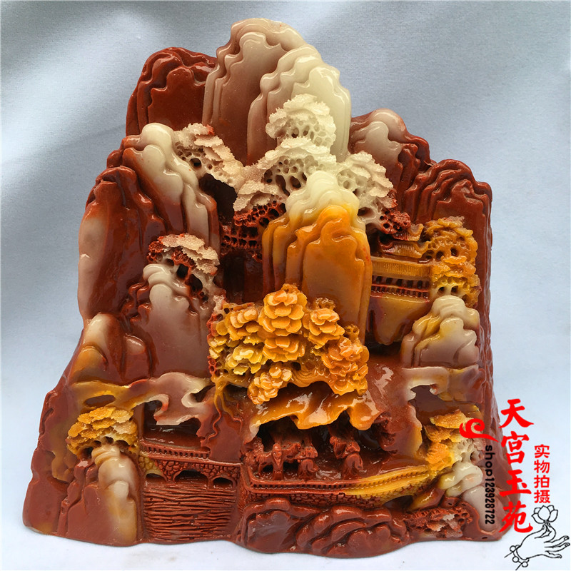 Ancient Play Imitation Shoushan Stone Hibiscus Stone Retro Stone Sculpture Pendulum with Feng Shui Family of Decorative Landscape Characters referring to the day can be