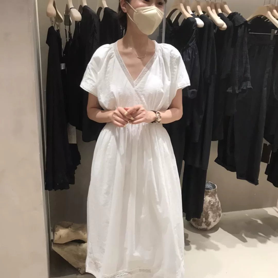 Elsissi mùa hè mới của Nhật Bản cotton và vải lanh khâu ren cổ chữ V eo cao là váy mỏng váy dài 7700 - váy đầm
