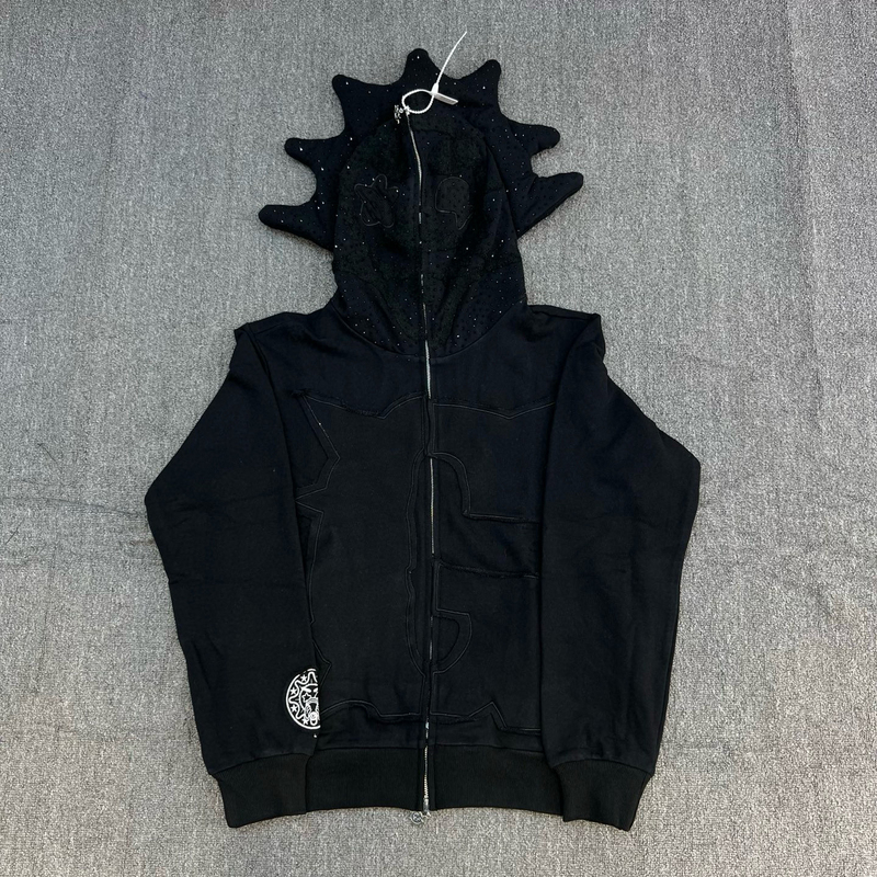 Streetwear Glo Gang Bluto Crown Body Bag Embroidered Cartoon Rhinestone Zipper Hoodie Streetwear Glo Gang Bluto Crown Body Bag Embroidered Cartoon Rhinestone Zipper Hoodie