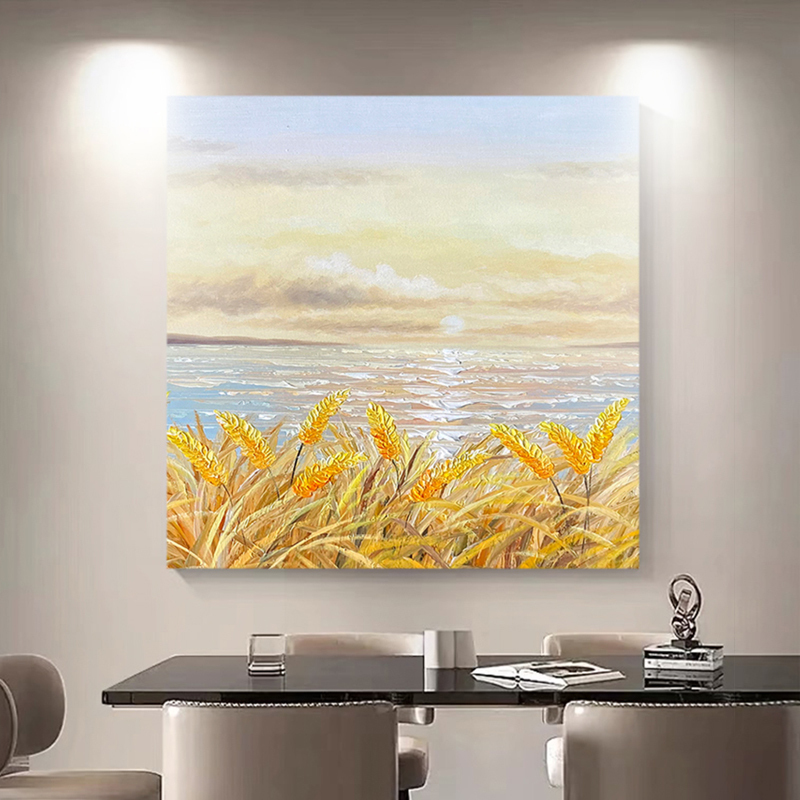 Hand-Painted Oil Painting of Sunrise Wheat Ears, Restaurant Hanging Painting, Light Luxury Modern Cream Style Dining Room Background Wall Decorative Painting, Square Shape