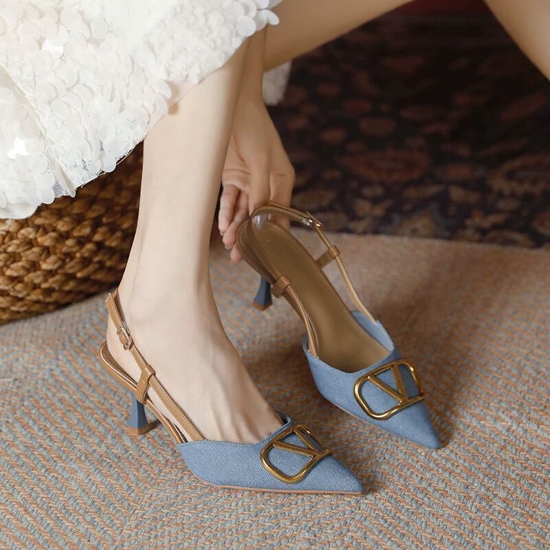 Retro High-Heeled Shoes for Women 2025 Spring and Autumn New Style Summer French Shallow Pointed Toe Stiletto Denim Closed-Toe High-Heeled Sandals Retro High-Heeled Shoes for Women 2025 Spring and Autumn New Style Summer French Shallow Pointed Toe Stiletto Denim Closed-Toe High-Heeled Sandals