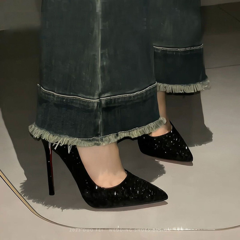 Black Red-Soled High-Heeled Shoes for Women, Stiletto Heels, 2024 Spring and Autumn New Style, Sequined Crystal Wedding Shoes, Pointed Toe, Professional Sexy Single Shoes Black Red-Soled High-Heeled Shoes for Women, Stiletto Heels, 2024 Spring and Autumn New Style, Sequined Crystal Wedding Shoes, Pointed Toe, Professional Sexy Single Shoes