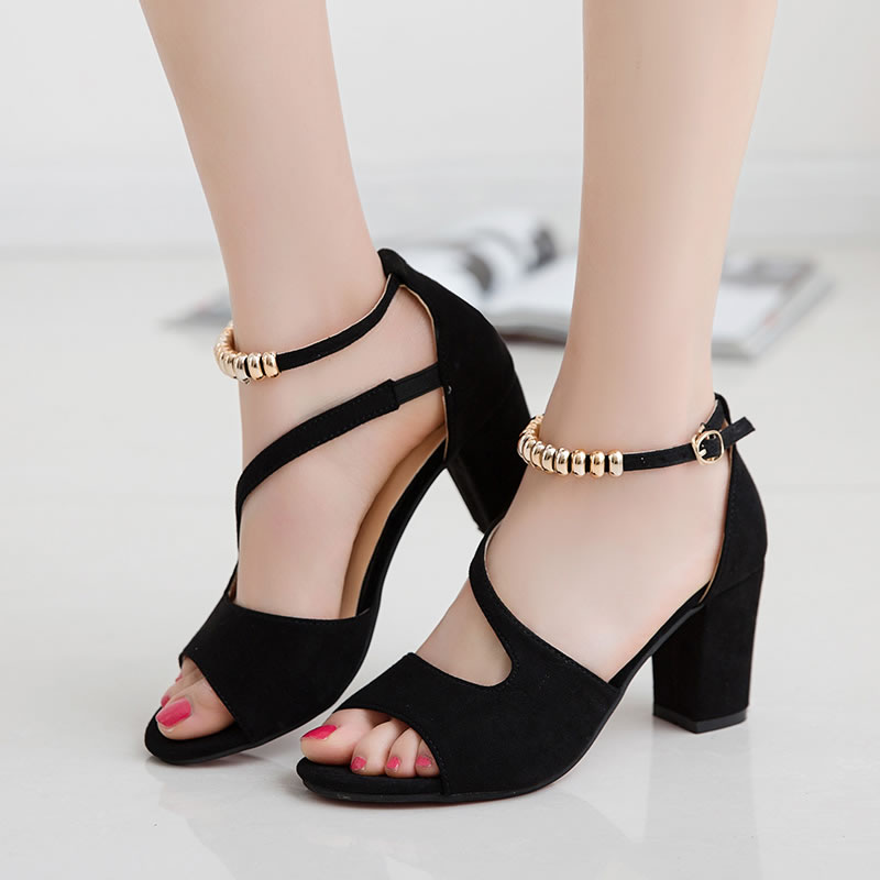Mùa hè 2019 mới SW từ khóa dày với dép nữ màu đen cao gót da lộn hoang dã giày hở ngón bitis sandal nữ