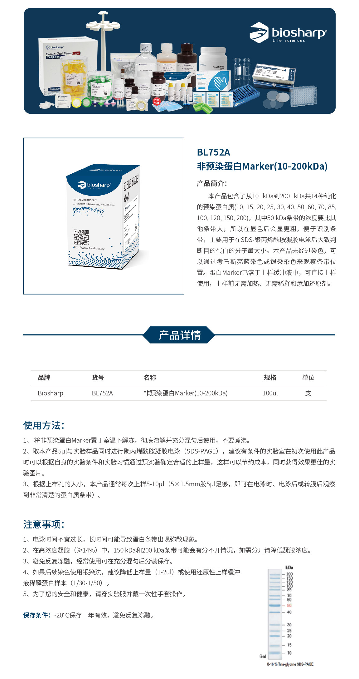 Biosharp BL752A 非预染蛋白Marker（10-200kDa）
