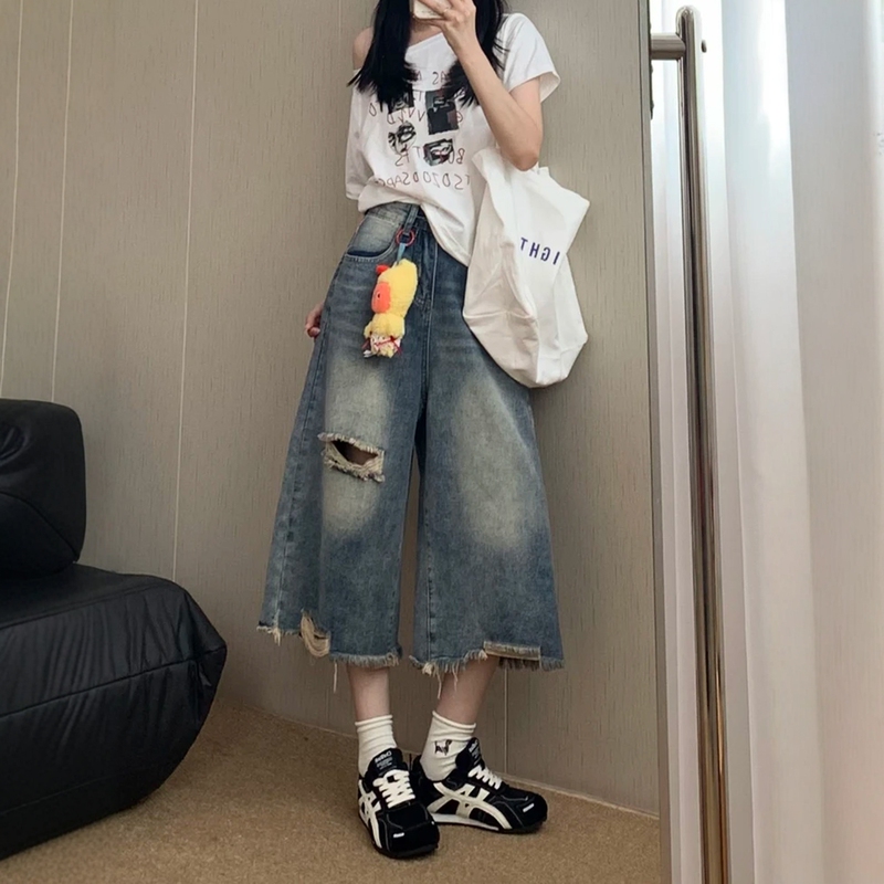 Vintage High-Waisted Ripped Wide-Leg Cropped Pants for Women, Summer Thin Style, Plus Size, Loose Fit, Slimming Straight-Leg Jeans