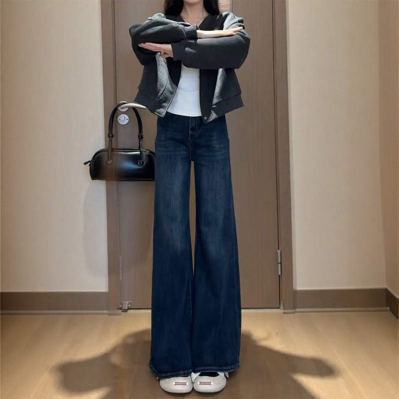 Dark Blue Flared Jeans for Women, Spring, Plus Size, High-Waisted, Loose, Slimming, Petite, Wide-Leg, Bell-Bottom Pants