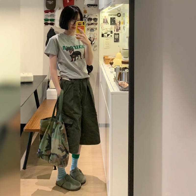 Military Green Workwear-Style Cropped Denim Pants for Women, 2026 Summer New Style, Plus Size, High-Waisted, Loose, Slimming, Wide-Leg Mid-Length Pants