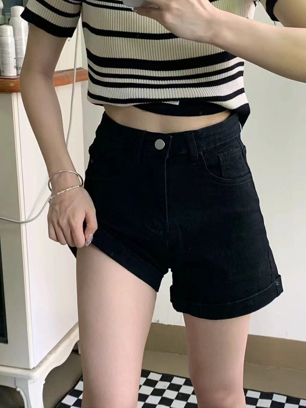 Black Denim Shorts for Women, Summer, Plus Size, High-Waisted, Stretchy, Hip-Covering, Slimming, Pear-Shaped Body, A-Line, Wide-Leg Hot Pants Black Denim Shorts for Women, Summer, Plus Size, High-Waisted, Stretchy, Hip-Covering, Slimming, Pear-Shaped Body, A-Line, Wide-Leg Hot Pants