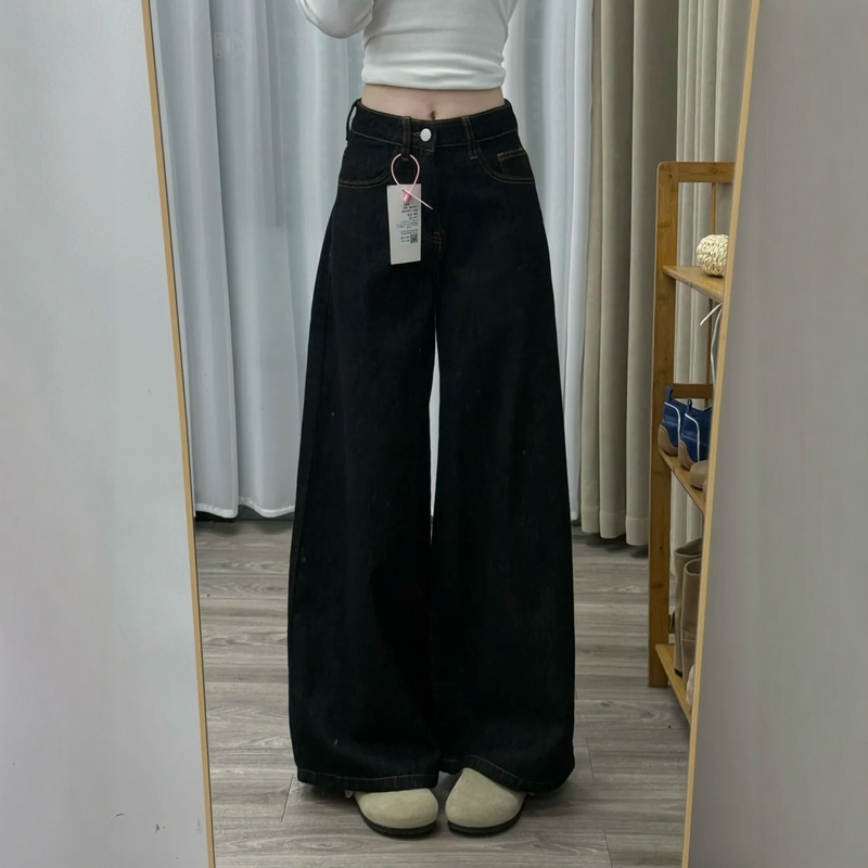 Black Wide-Leg Jeans for Women, Autumn, Plus Size, Loose Fit, Slimming, Drapey, Pear-Shaped Body, Straight-Leg, Floor-Length Pants