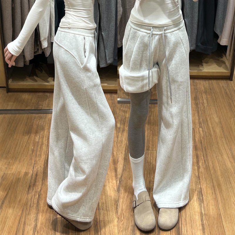 White and Gray Sweatpants for Women, Autumn and Winter, Plus Size, High-Waisted, Slimming, Drapey, Fleece-Lined, Thickened, Lulu-Style Wide-Leg Pants