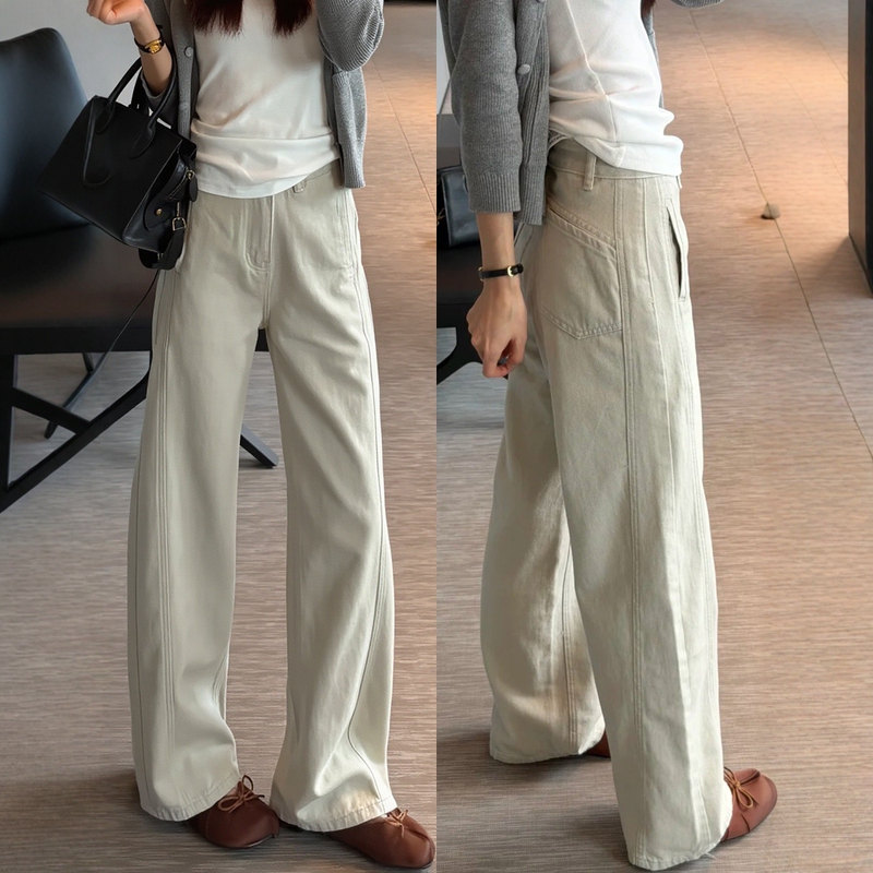 Light-Colored Curved Hem Jeans for Women, Spring, Plus Size, High-Waisted, Loose, Hip-Covering, Slimming, Pear-Shaped Body, Wide-Leg Pants