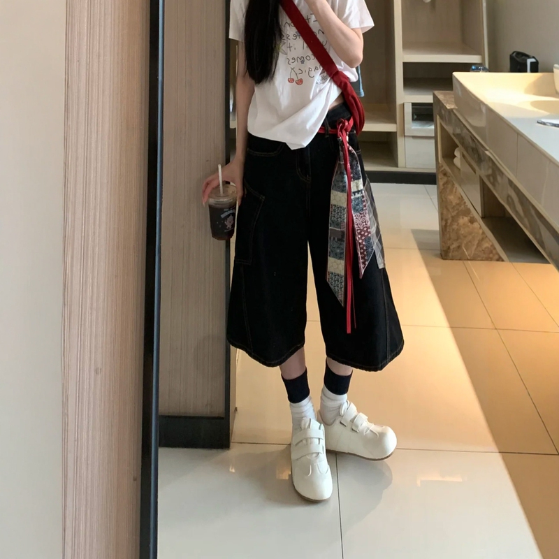 American-Style Denim Blue Workwear Wide-Leg Cropped Pants for Women, Summer Plus Size, High-Waisted, Loose, Slimming Denim Mid-Length Pants