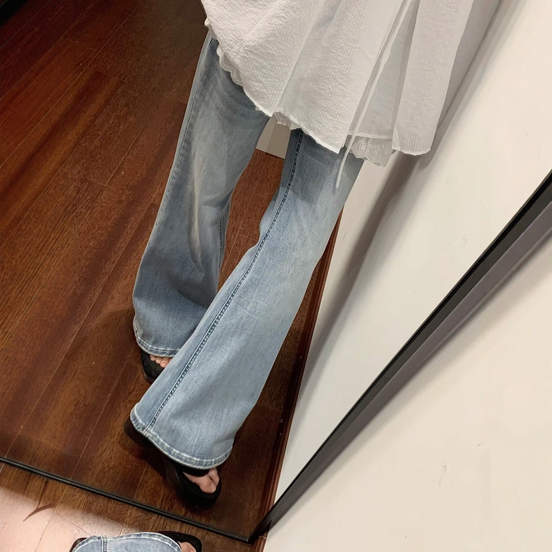 Glacier Blue Flared Jeans for Women, Summer Plus Size, High-Waisted, Stretchy, Hip-Covering, Slimming, Height-Enhancing, Bell-Bottom Jeans
