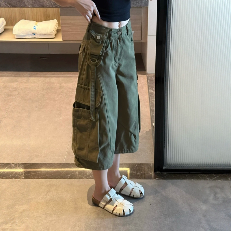 American-Style Army Green Workwear Cropped Jeans for Women, Summer Plus-Size High-Waisted Loose Slimming Wide-Leg Mid-Length Pants