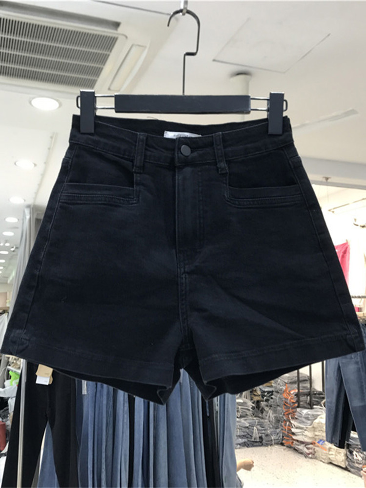 <!--梨形身材黑色牛仔短裤女夏季薄款大码微胖mm高腰显瘦a字阔腿热裤-->