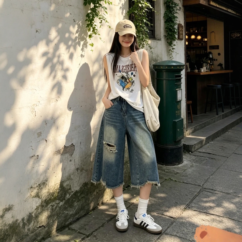 American Retro Ripped Wide-Leg Cropped Pants for Women, Summer Thin Style, Plus Size, High-Waisted, Loose, Slimming Denim Mid-Length Pants American Retro Ripped Wide-Leg Cropped Pants for Women, Summer Thin Style, Plus Size, High-Waisted, Loose, Slimming Denim Mid-Length Pants