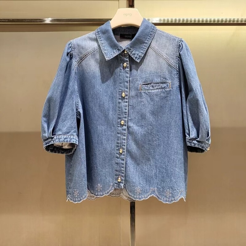 Korean O'2Nd/Aoke Spring and Summer Fashion Versatile Casual Wavy Lace Denim Shirt O22G5Nto982W Korean O'2Nd/Aoke Spring and Summer Fashion Versatile Casual Wavy Lace Denim Shirt O22G5Nto982W