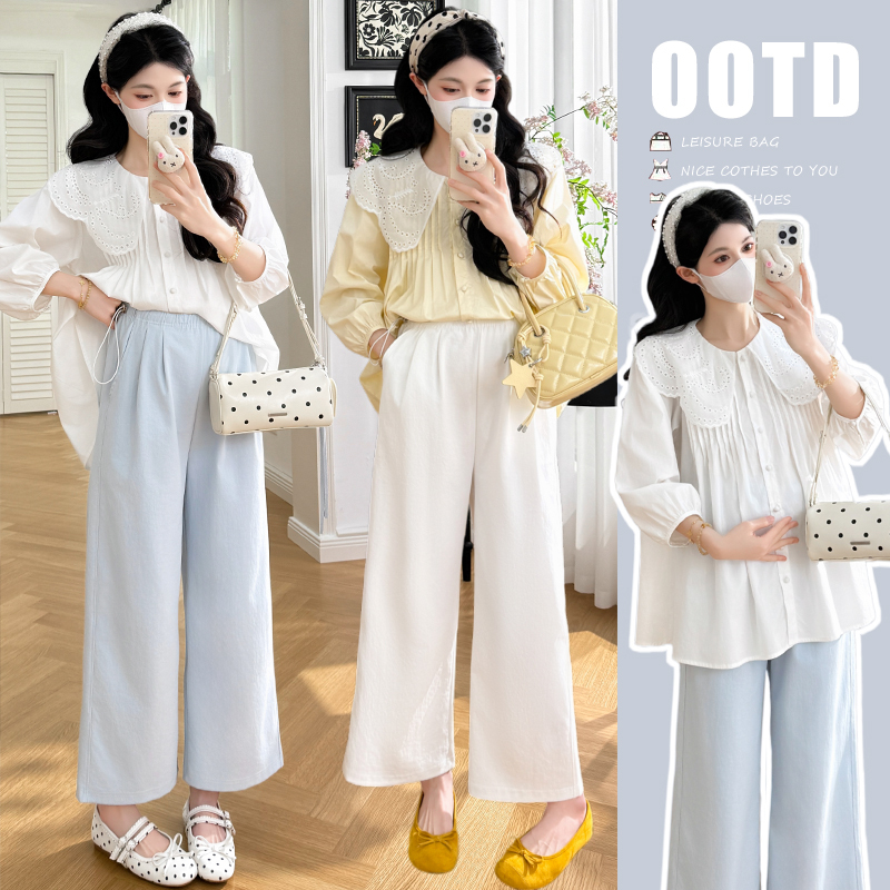 Plus-Size Maternity Set for Spring and Summer: Simple 8-Quarter Sleeve Shirt + Wide-Leg Pants, Korean-Style Two-Piece Outfit for Pregnancy 100kg