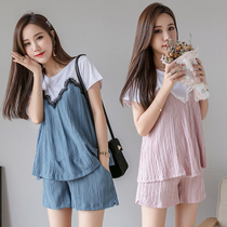 Plus size plus size pregnant women summer dress Korean top belly shorts summer fashion loose 200 jin two sets