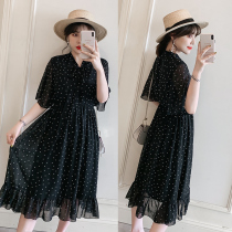 Super plus size maternity Summer chiffon dress plus fat increase 200 jin fashion polka spot loose knee long dress