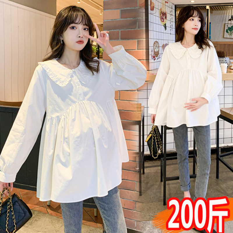 Plus-Size Maternity Shirt, Spring and Autumn Style, Long-Sleeved Doll Collar White Top, Loose Fit to Cover the Belly, 100kg Professional Wear Shirt Plus-Size Maternity Shirt, Spring and Autumn Style, Long-Sleeved Doll Collar White Top, Loose Fit to Cover the Belly, 100kg Professional Wear Shirt