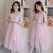 Fat mm pregnant women dress summer 200kg plus fat plus size fashion tide mom loose a-shaped knee mesh dress