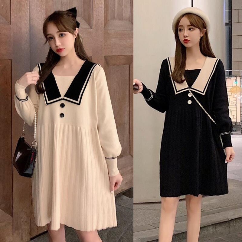 Plus Size Maternity Sweater Autumn and Winter Pleated Skirt Doll Collar Waist Slimming Knitted Dress 100kg Plus Size Maternity Sweater Autumn and Winter Pleated Skirt Doll Collar Waist Slimming Knitted Dress 100kg