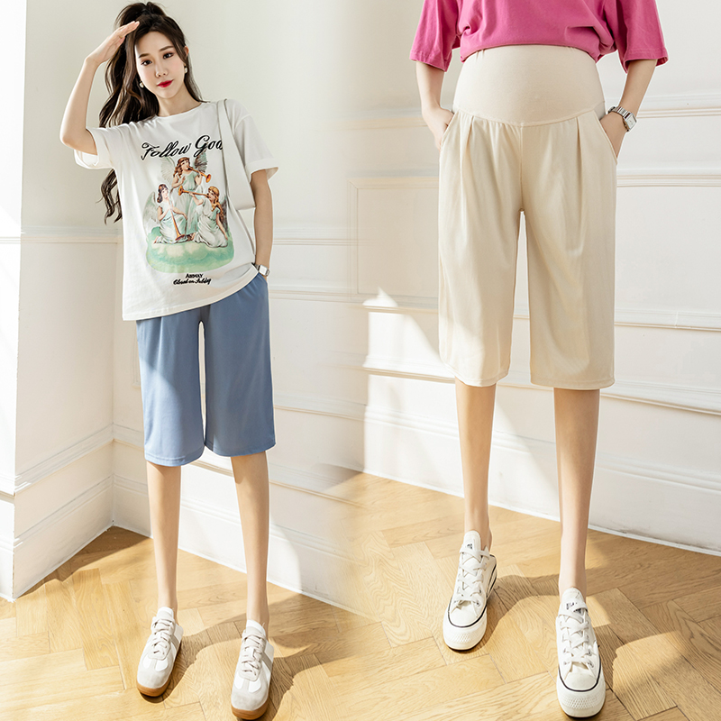 High-end oversized maternity summer three-quarter wide-leg pants fashionable elastic pit strips pure cotton belly-supporting leggings loose 20