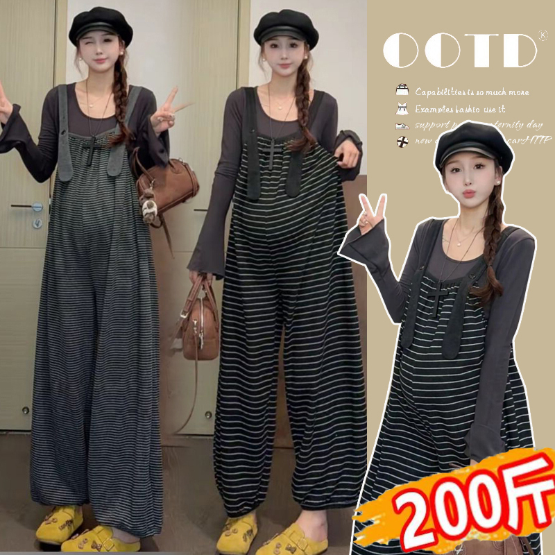 Plus-Size Maternity Striped Overalls for Autumn and Winter, High-End Pregnancy Outfit, Loose and Slimming Wide-Leg Two-Piece Set 100kg Plus-Size Maternity Striped Overalls for Autumn and Winter, High-End Pregnancy Outfit, Loose and Slimming Wide-Leg Two-Piece Set 100kg