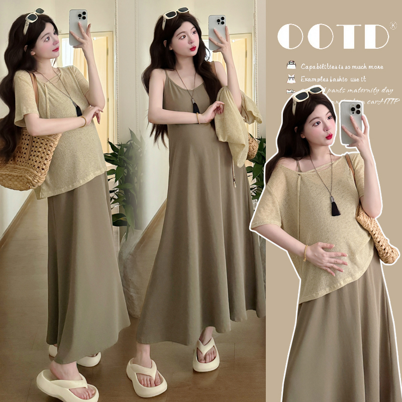 Plus-Size Maternity Suit 2025 Summer New Fashionable Short-Sleeved Top and Skirt Two-Piece Set for Slimming during Pregnancy 100kg Plus-Size Maternity Suit 2025 Summer New Fashionable Short-Sleeved Top and Skirt Two-Piece Set for Slimming during Pregnancy 100kg