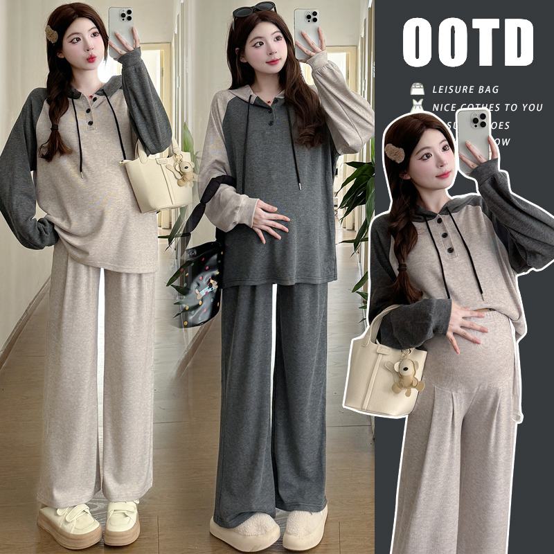 2026 Maternity Set Plus Size Spring and Autumn Color-Block Hooded Half-Open Collar Top + Belly Support Wide-Leg Pants Two-Piece Set 100kg